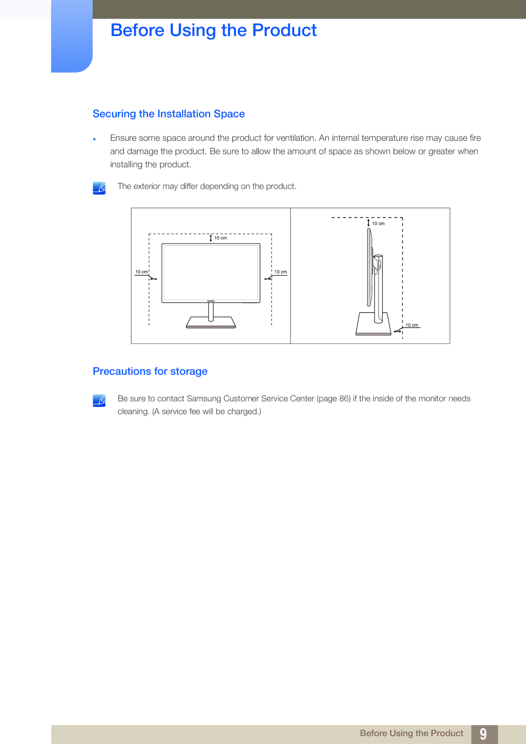 Samsung S24C750P user manual Securing the Installation Space, Precautions for storage 