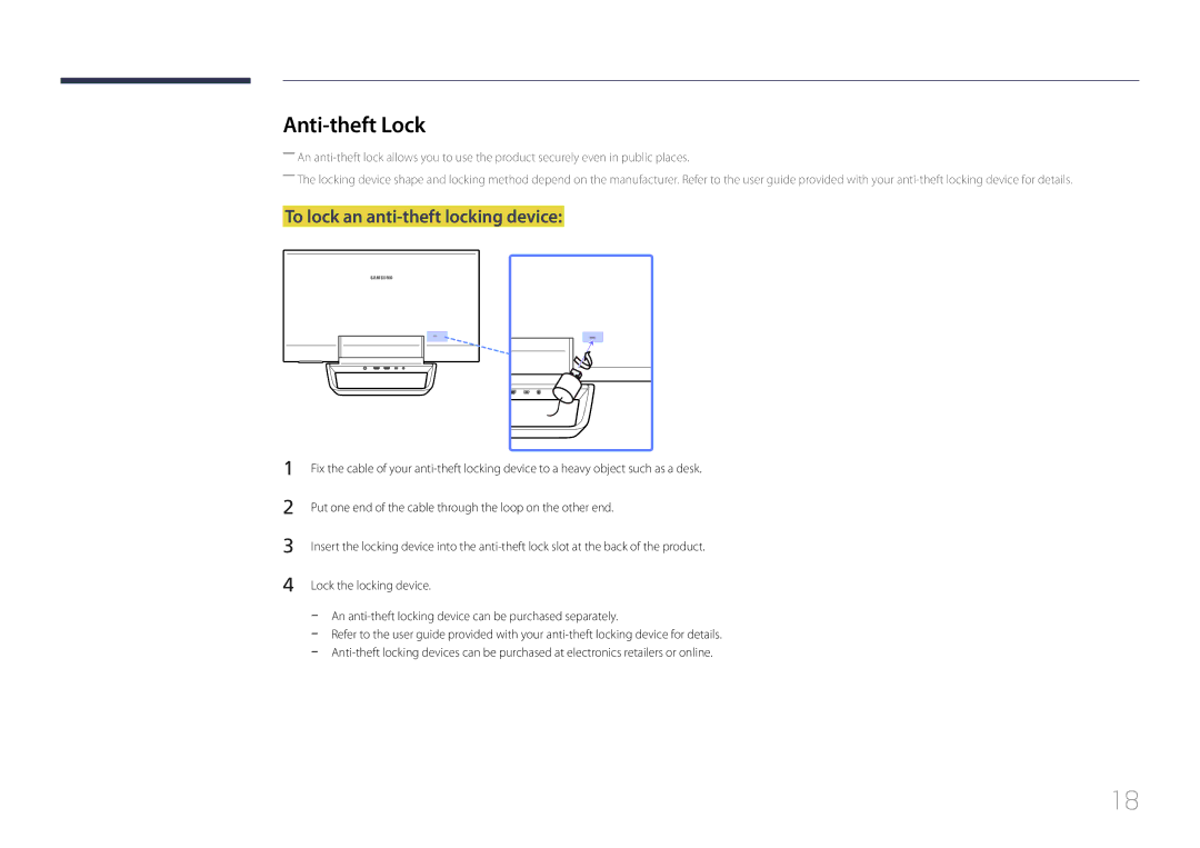 Samsung S24C770T user manual Anti-theft Lock, To lock an anti-theft locking device 