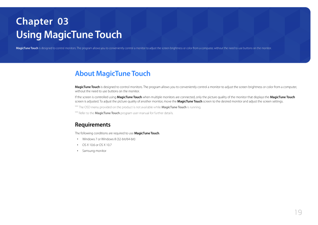 Samsung S24C770T user manual Using MagicTune Touch, About MagicTune Touch, Requirements 