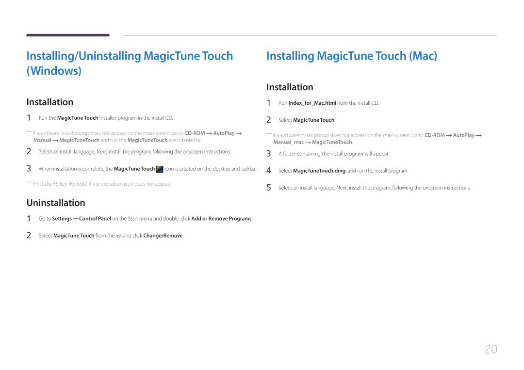 Samsung S24C770T Installing/Uninstalling MagicTune Touch Windows, Installing MagicTune Touch Mac, Uninstallation 