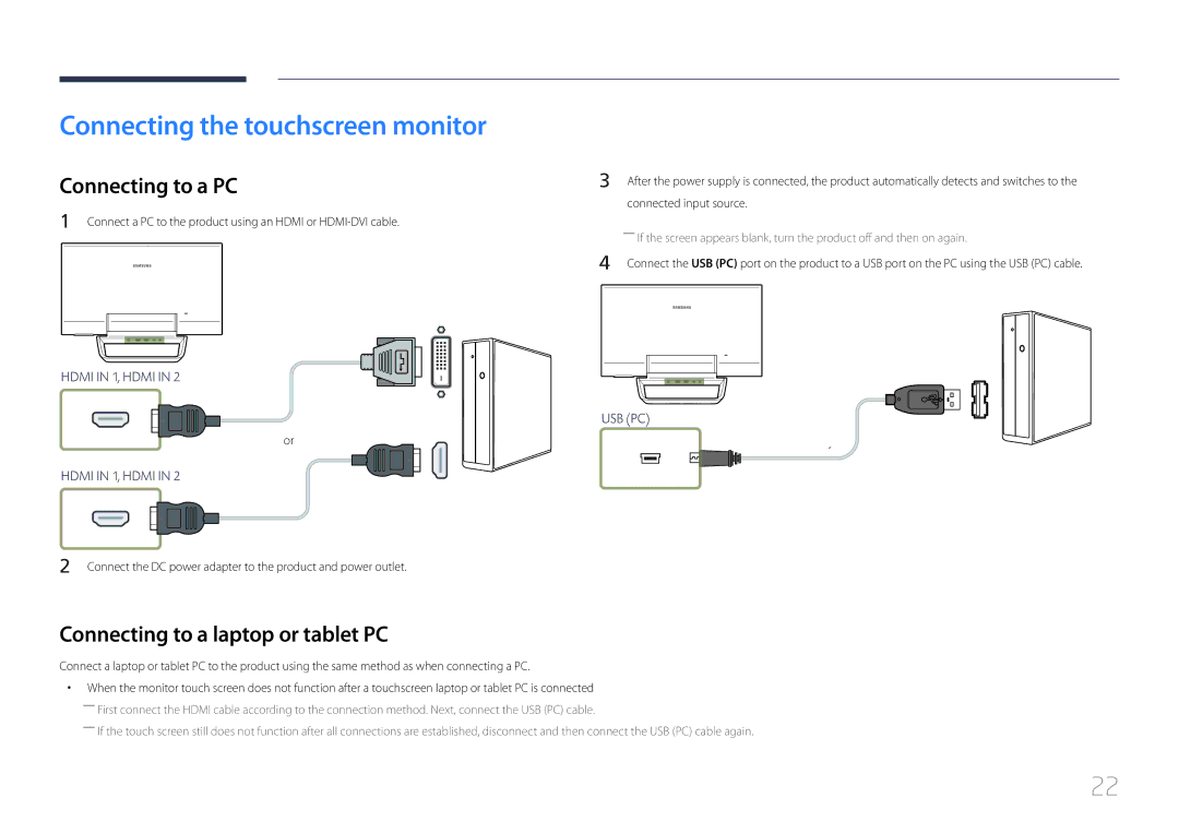 Samsung S24C770T user manual Connecting the touchscreen monitor, Connecting to a PC, Connecting to a laptop or tablet PC 