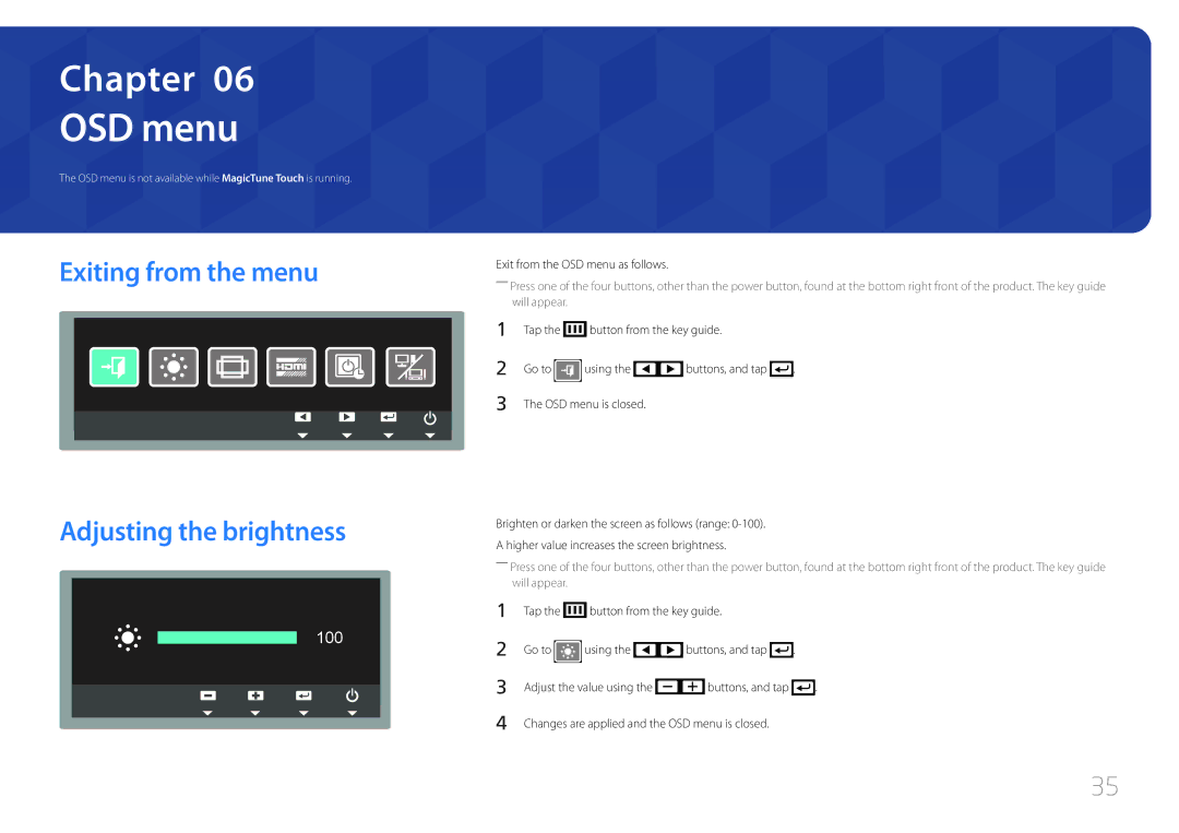 Samsung S24C770T user manual OSD menu, Exiting from the menu Adjusting the brightness 