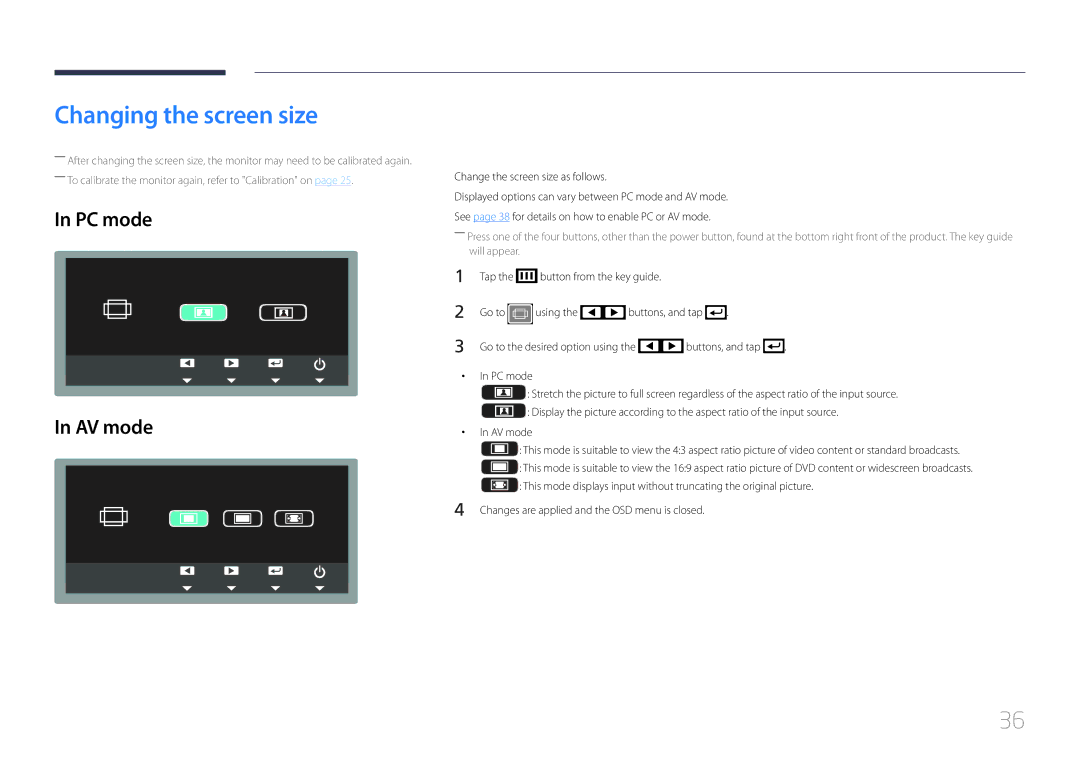 Samsung S24C770T user manual Changing the screen size, PC mode AV mode 