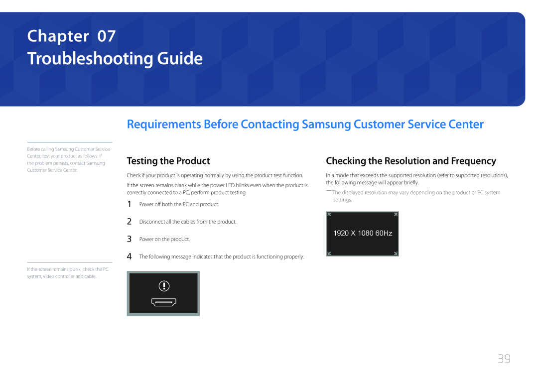 Samsung S24C770T user manual Troubleshooting Guide, Testing the Product, Checking the Resolution and Frequency 