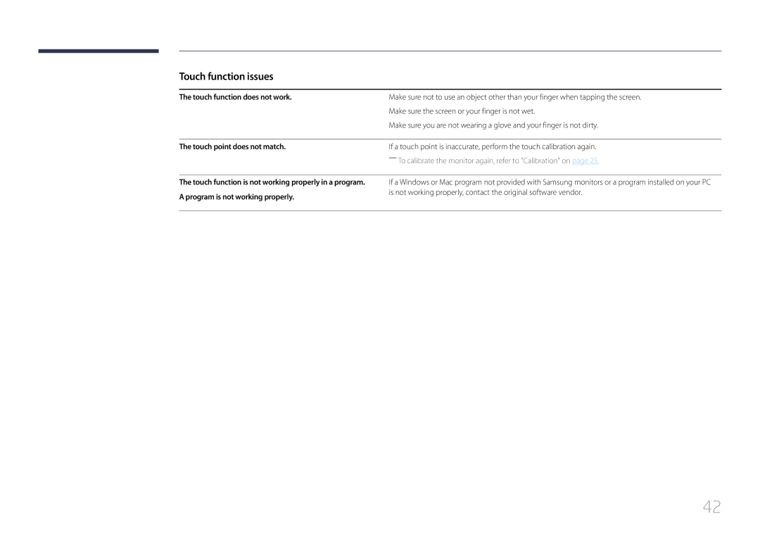 Samsung S24C770T user manual Touch function issues, Touch function does not work, Touch point does not match 