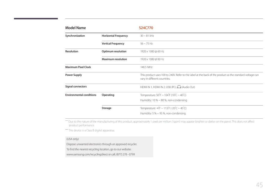 Samsung S24C770T Synchronization Horizontal Frequency, Vertical Frequency, Resolution Optimum resolution, Power Supply 