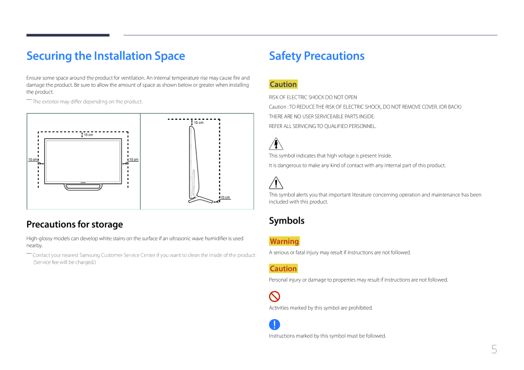 Samsung S24C770T user manual Securing the Installation Space, Safety Precautions, Precautions for storage, Symbols 