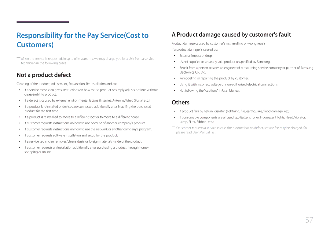 Samsung S24C770T user manual Responsibility for the Pay ServiceCost to Customers, Not a product defect, Others 