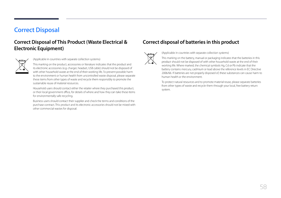 Samsung S24C770T user manual Correct Disposal, Correct disposal of batteries in this product 