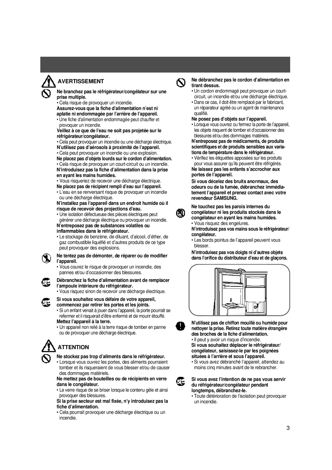 Samsung SS22SR1/XEF, S24SHPSGQN/XEF, S24SHESWQN/XEF, SS20WG1/XEF, SS20XA1/XEF, SS20WH1/XEU, SS20SP1/CAH, SR-S20FTC Avertissement 