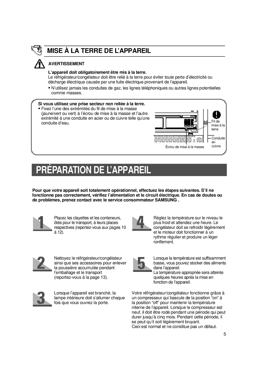 Samsung SS20WH1/XEU, S24SHPSGQN/XEF, S24SHESWQN/XEF, SS20WG1/XEF Préparation DE L’APPAREIL, Mise À LA Terre DE L ’APPAREIL 