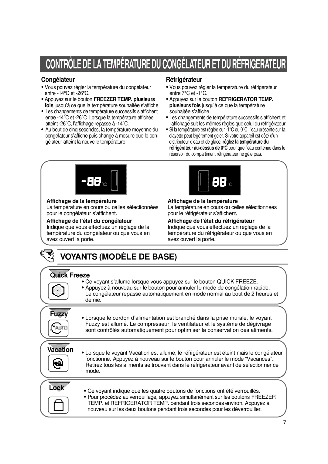 Samsung SS20WG1/AMF, S24SHPSGQN/XEF, S24SHESWQN/XEF, SS20WG1/XEF manual Voyants Modèle DE B ASE, Affichage de la température 