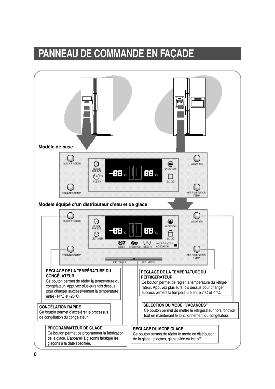Samsung SS20SP1/CAH manual Panneau De Commande En Façade, Modèle de base Modèle équipé d’un distributeur d’eau et de glace 