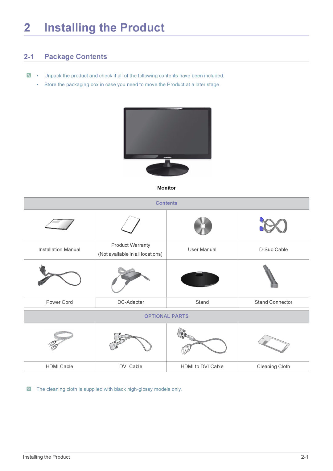 Samsung S24A350B, S27A350H, S20A350B, S22A350B, S23A350B, S19A350B, S22A350H, S19A350N Installing the Product, Package Contents 