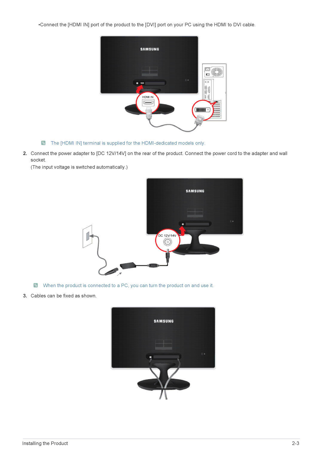 Samsung S19A350B, S27A350H, S24A350B, S20A350B, S22A350B, S23A350B Cables can be fixed as shown Installing the Product 