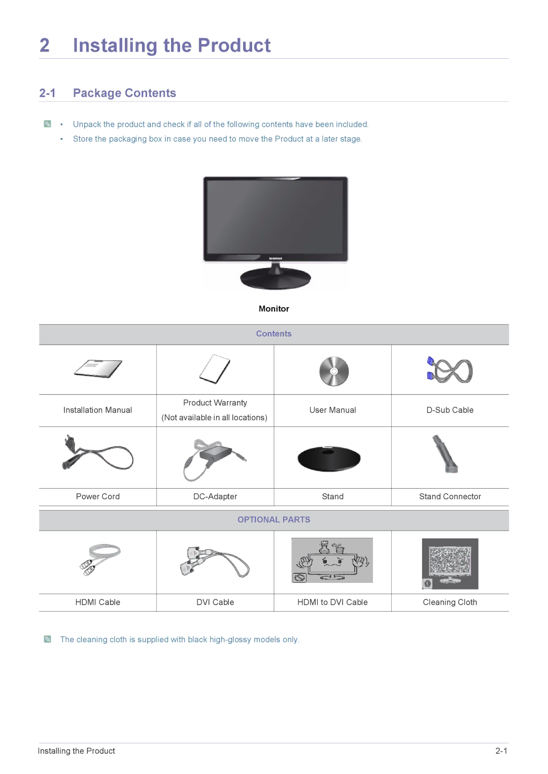 Samsung S24A350B, S27A350H, S20A350B, S22A350B, S23A350B, S19A350B, S22A350H, S19A350N Installing the Product, Package Contents 