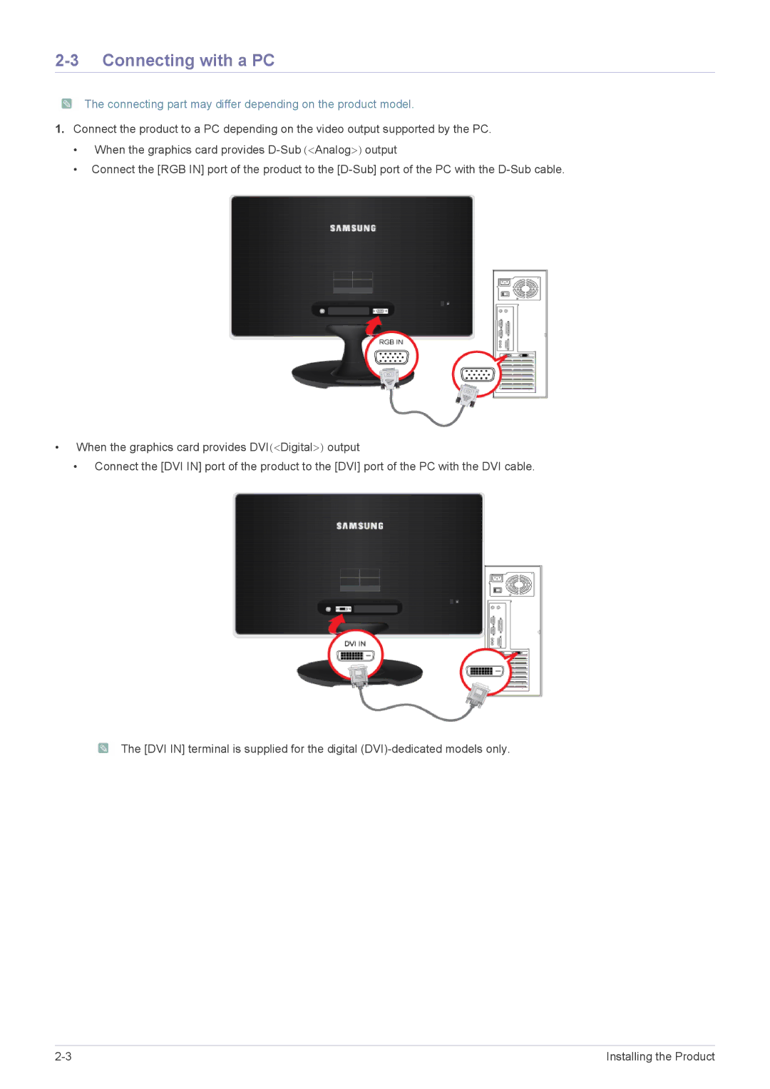 Samsung S23A350B, S27A350H, S24A350B Connecting with a PC, Connecting part may differ depending on the product model 