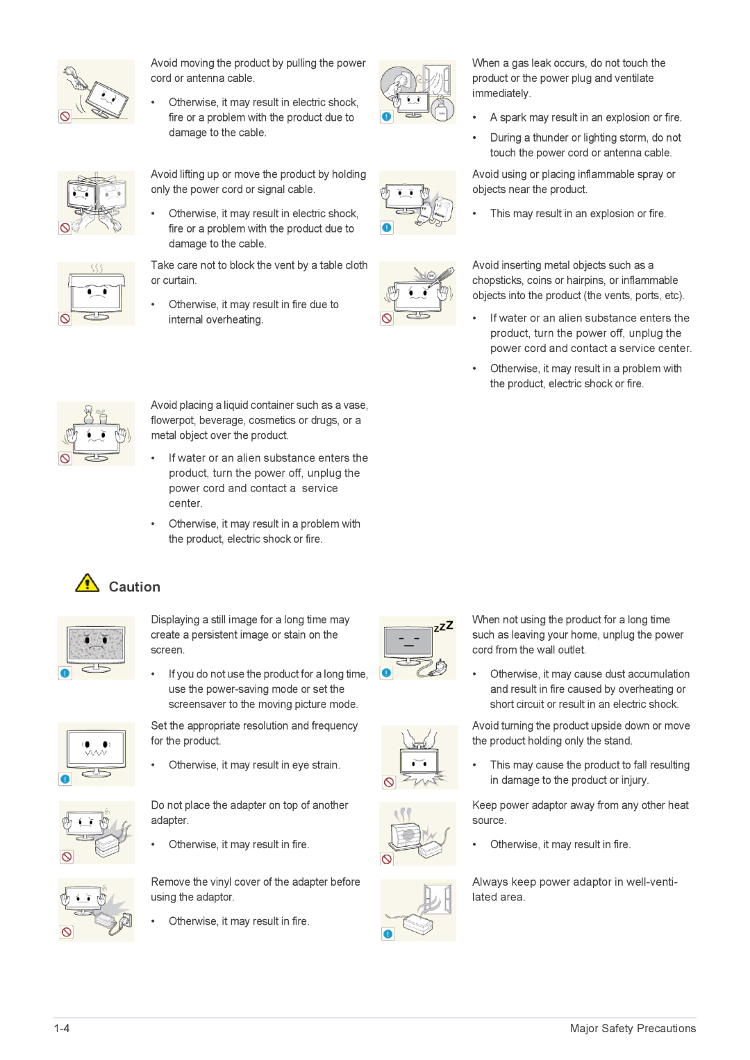 Samsung S23A550H, S27A550H, S20A550H user manual Major Safety Precautions 