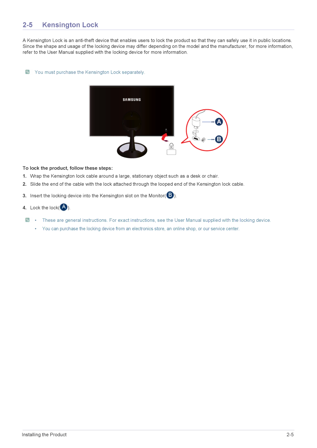 Samsung S23A550H, S27A550H, S20A550H user manual Kensington Lock, To lock the product, follow these steps 