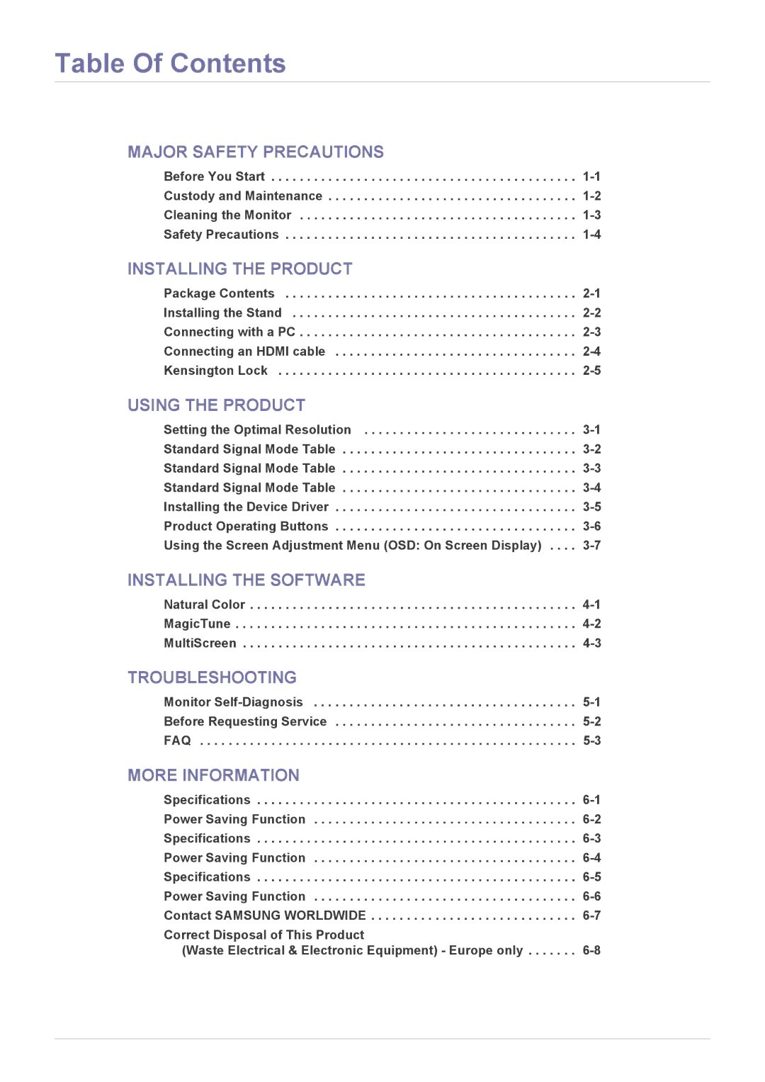 Samsung S20A550H, S27A550H, S23A550H user manual Table Of Contents 