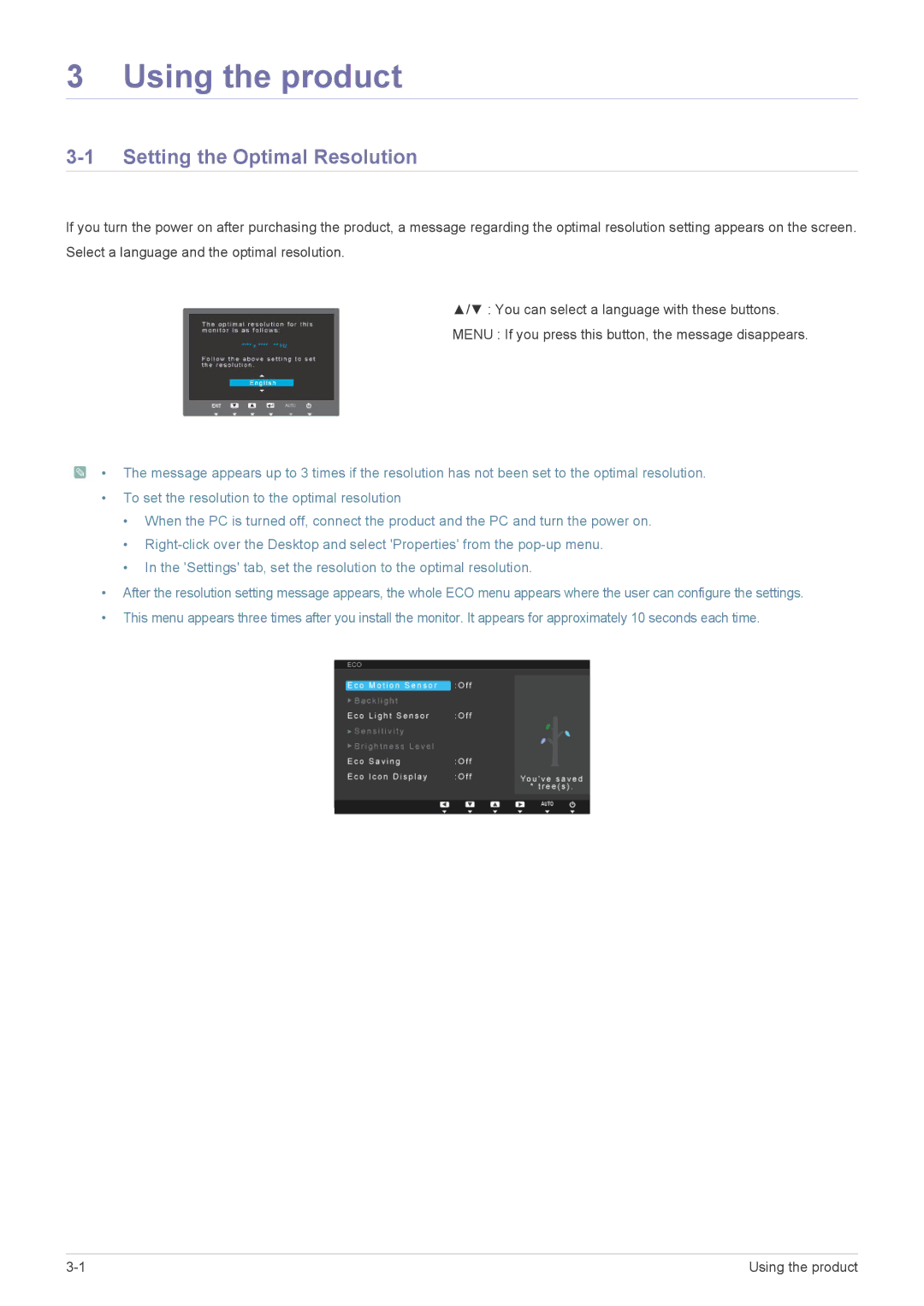 Samsung S20A550H, S27A550H, S23A550H user manual Using the product, Setting the Optimal Resolution 