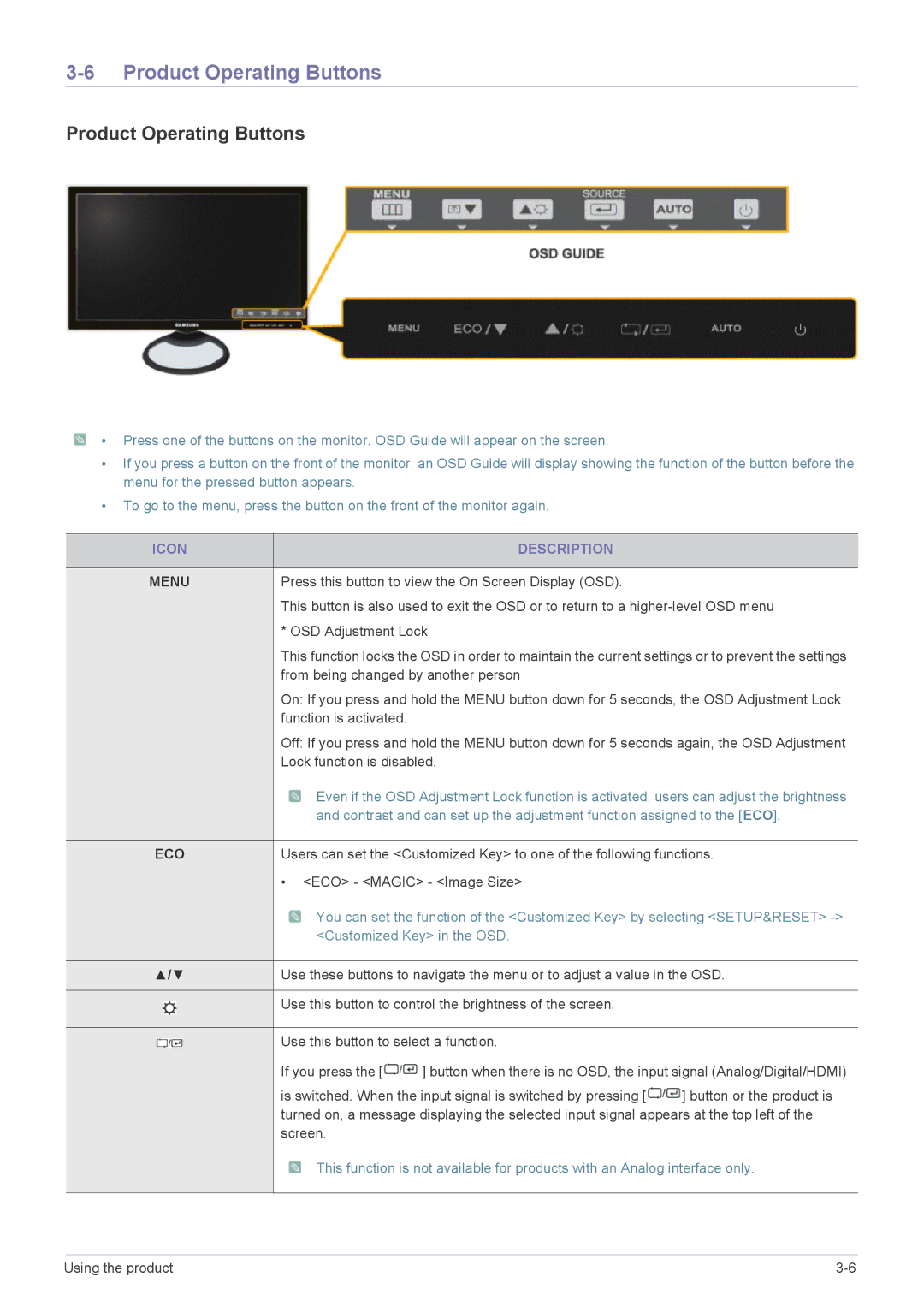 Samsung S27A550H, S23A550H, S20A550H user manual Product Operating Buttons, Icon Description 