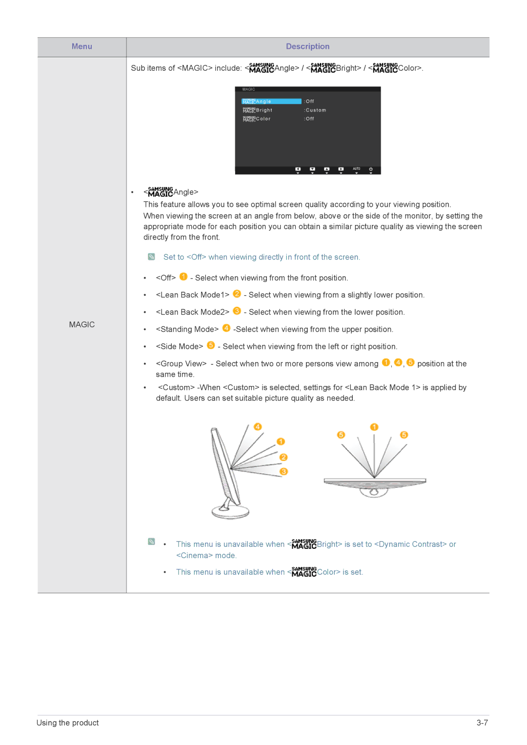 Samsung S27A550H, S23A550H, S20A550H user manual Menu Description, Set to Off when viewing directly in front of the screen 