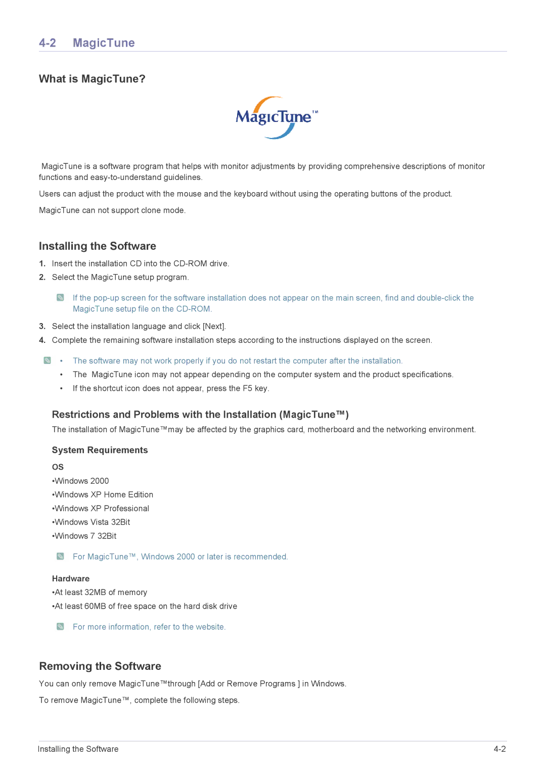 Samsung S20A550H, S27A550H, S23A550H What is MagicTune?, Installing the Software, Removing the Software, Hardware 