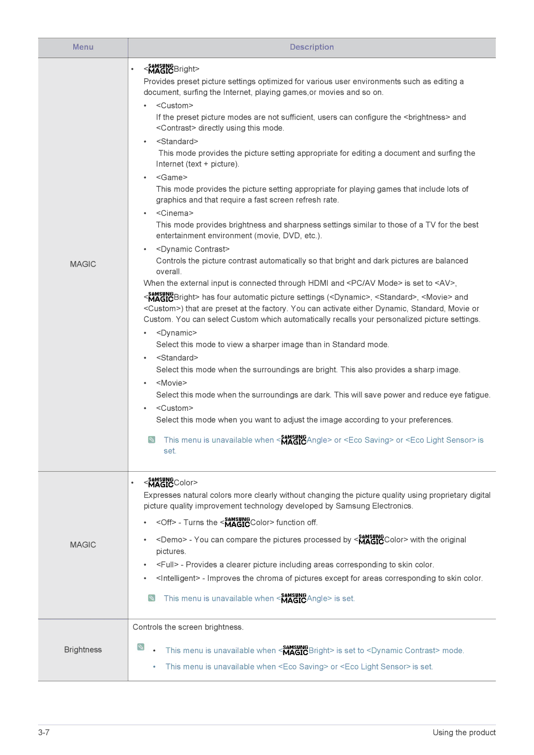 Samsung S23A550H, S27A550H, S20A550H user manual This menu is unavailable when Angle is set 