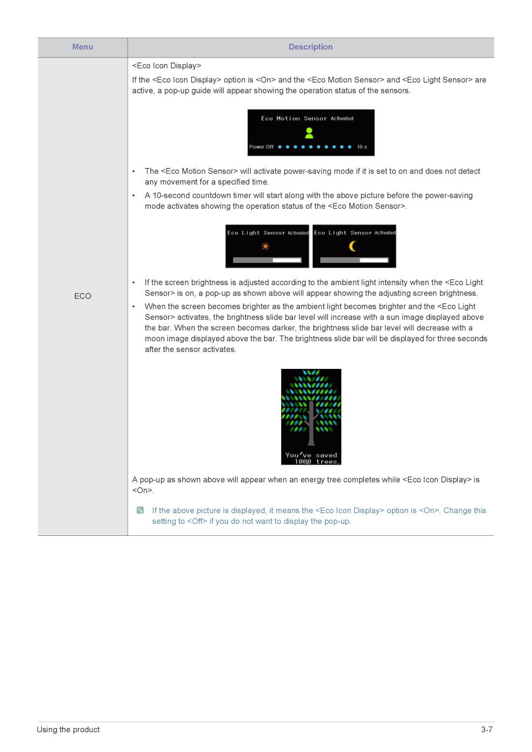 Samsung S23A550H, S27A550H, S20A550H user manual Menu Description 