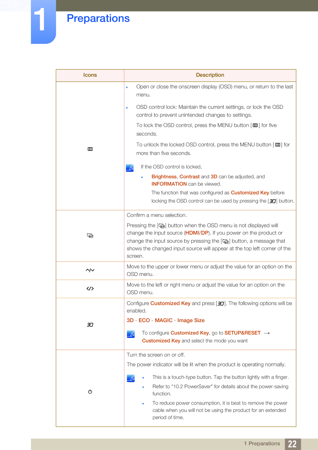 Samsung S27A750D, S23A750D user manual Icons Description 