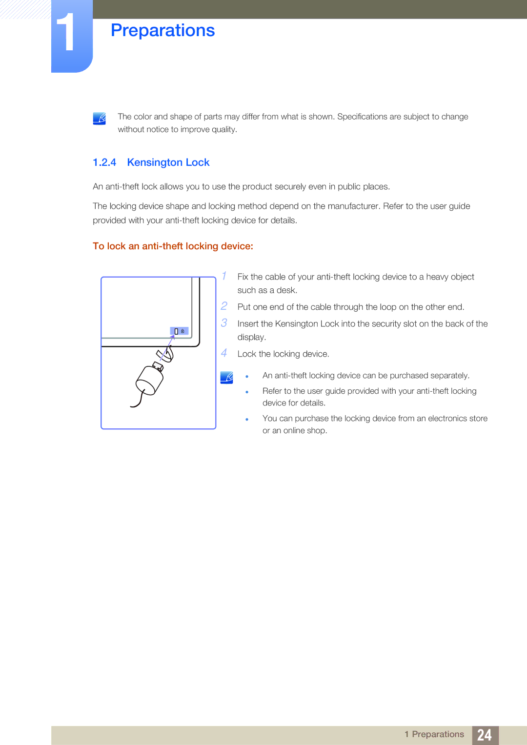 Samsung S27A750D, S23A750D user manual Kensington Lock, To lock an anti-theft locking device 