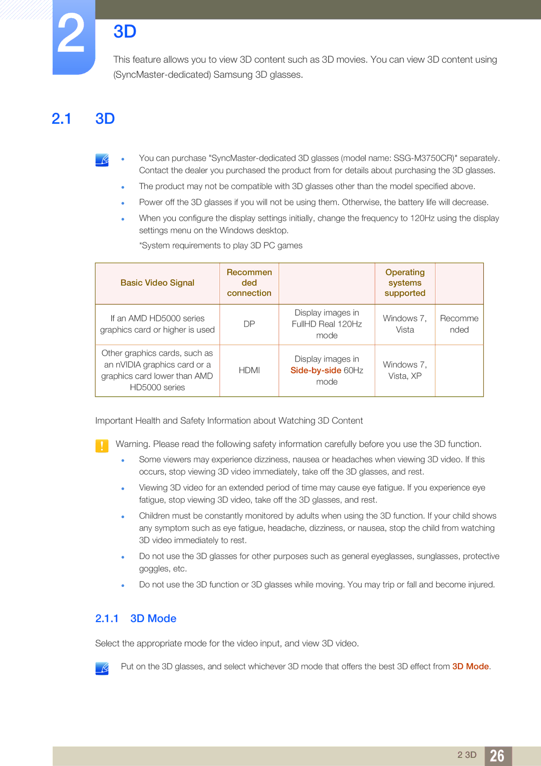 Samsung S27A750D, S23A750D user manual 1 3D Mode, Connection Supported 