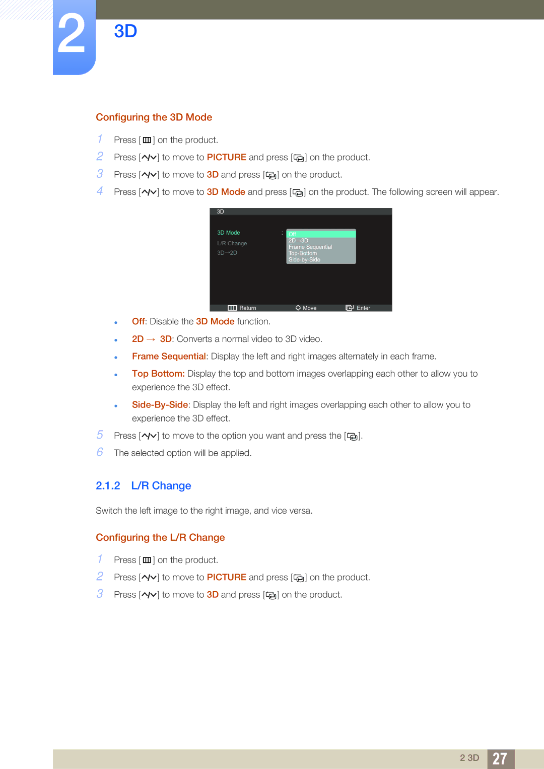 Samsung S23A750D, S27A750D user manual 2 L/R Change, Configuring the 3D Mode, Configuring the L/R Change 