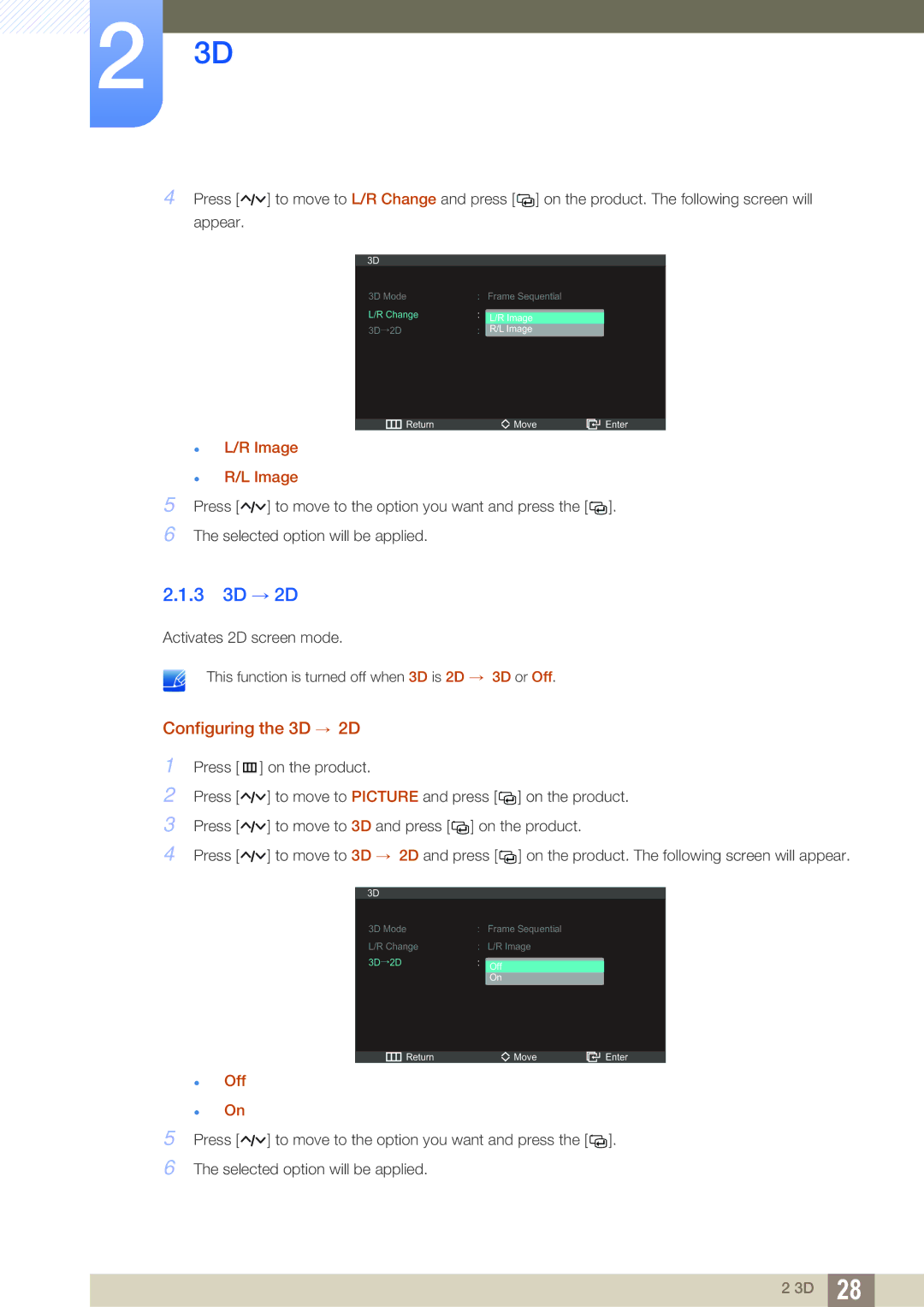 Samsung S27A750D, S23A750D user manual 3 3D → 2D, Configuring the 3D → 2D 