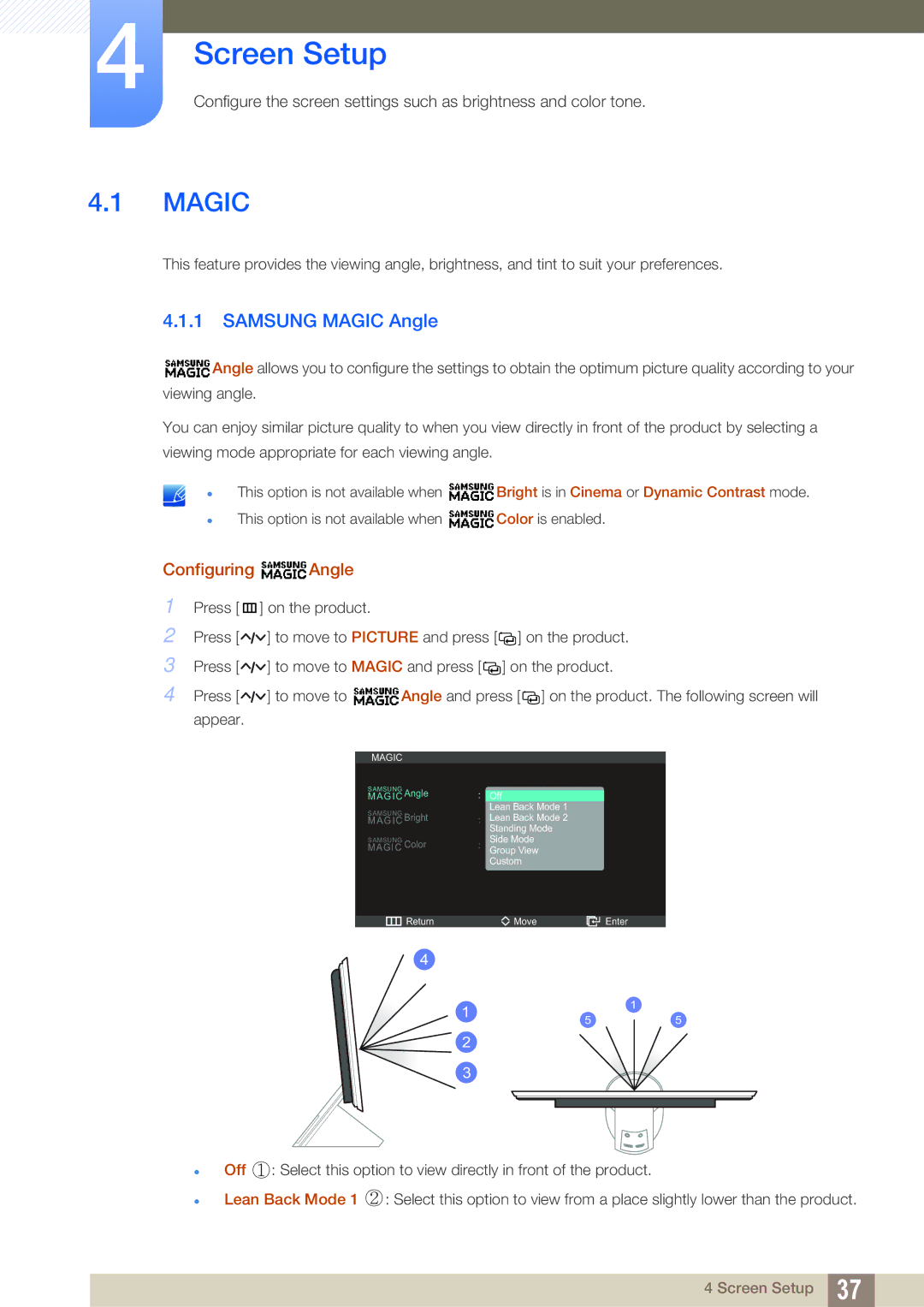 Samsung S23A750D, S27A750D user manual Screen Setup, Samsung Magic Angle, Configuring Angle 