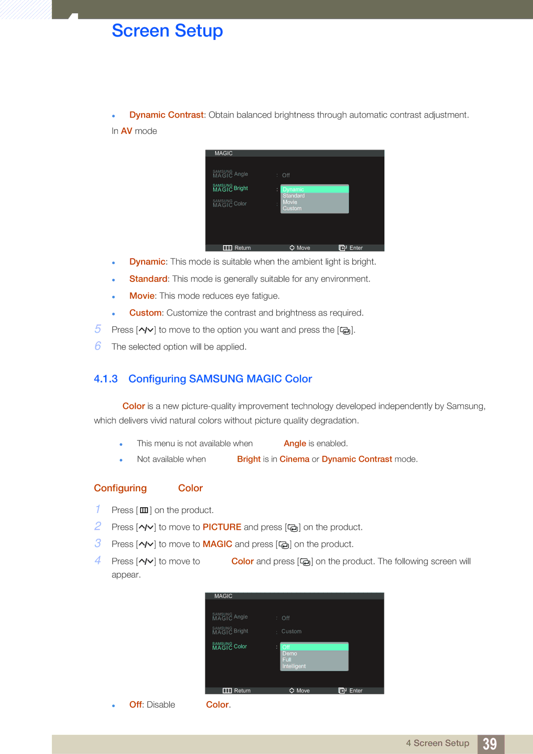 Samsung S23A750D, S27A750D user manual Configuring Samsung Magic Color, Configuring Color 