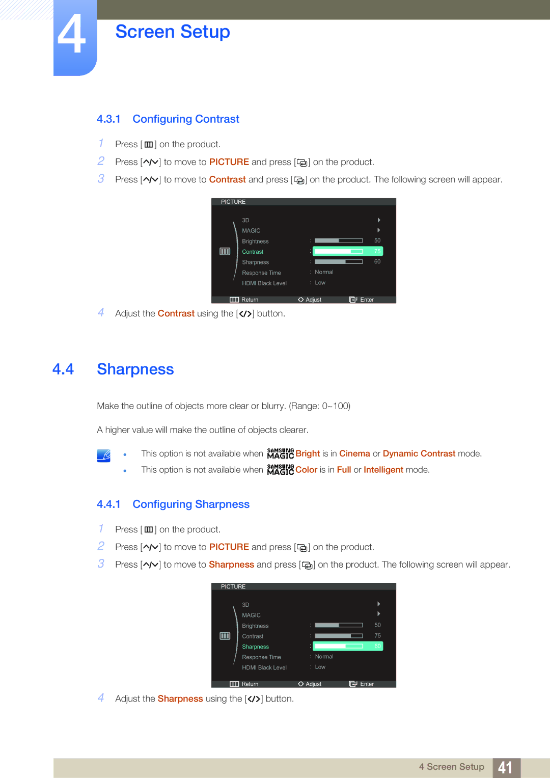 Samsung S23A750D, S27A750D user manual Configuring Contrast, Configuring Sharpness 