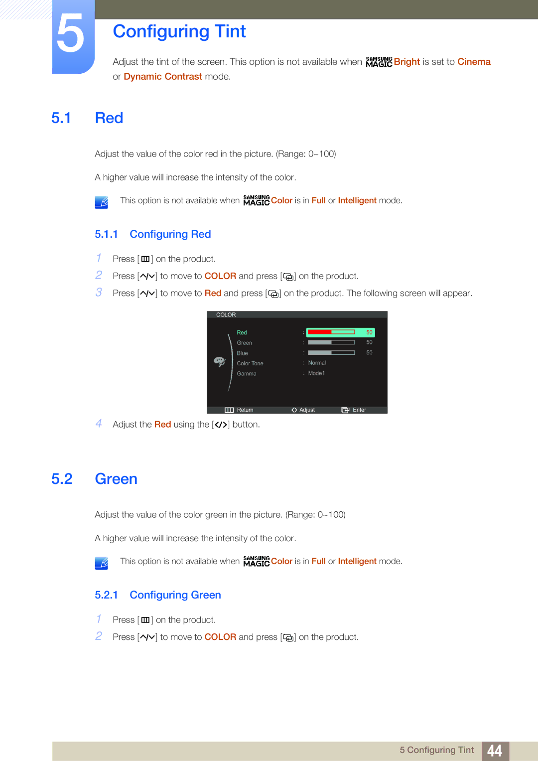 Samsung S27A750D, S23A750D user manual Configuring Tint, Configuring Red, Configuring Green 