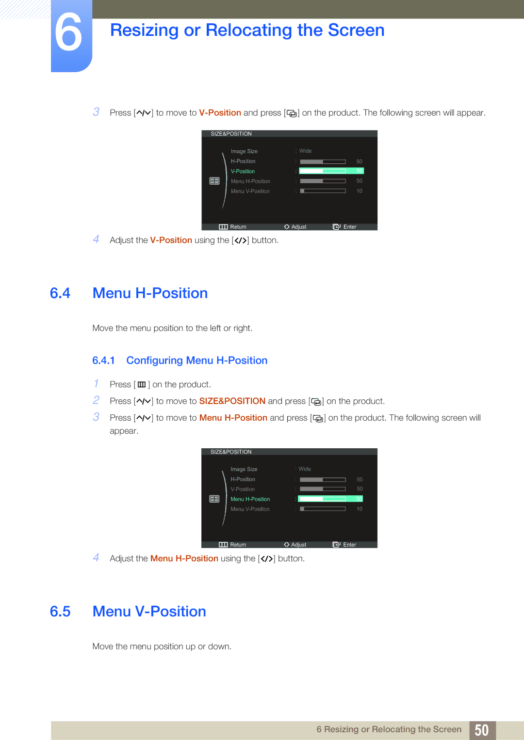 Samsung S27A750D, S23A750D user manual Menu V-Position, Configuring Menu H-Position 