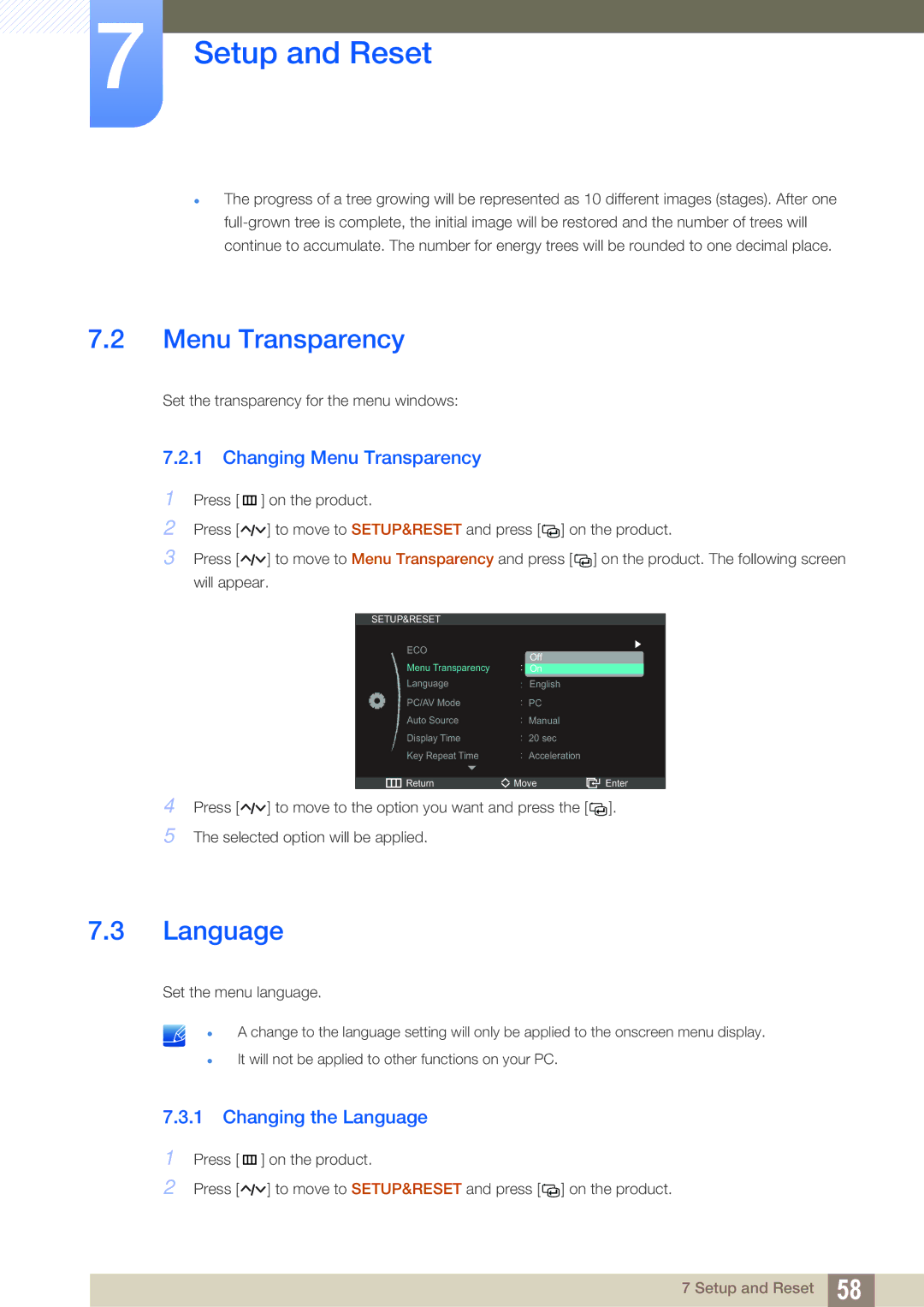 Samsung S27A750D, S23A750D user manual Changing Menu Transparency, Changing the Language 