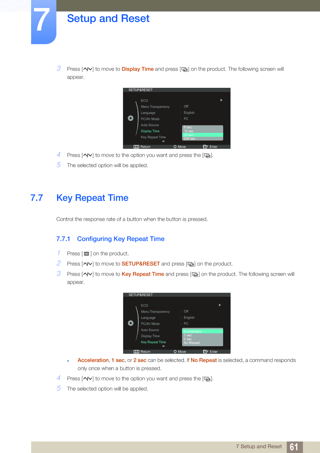 Samsung S23A750D, S27A750D user manual Configuring Key Repeat Time 