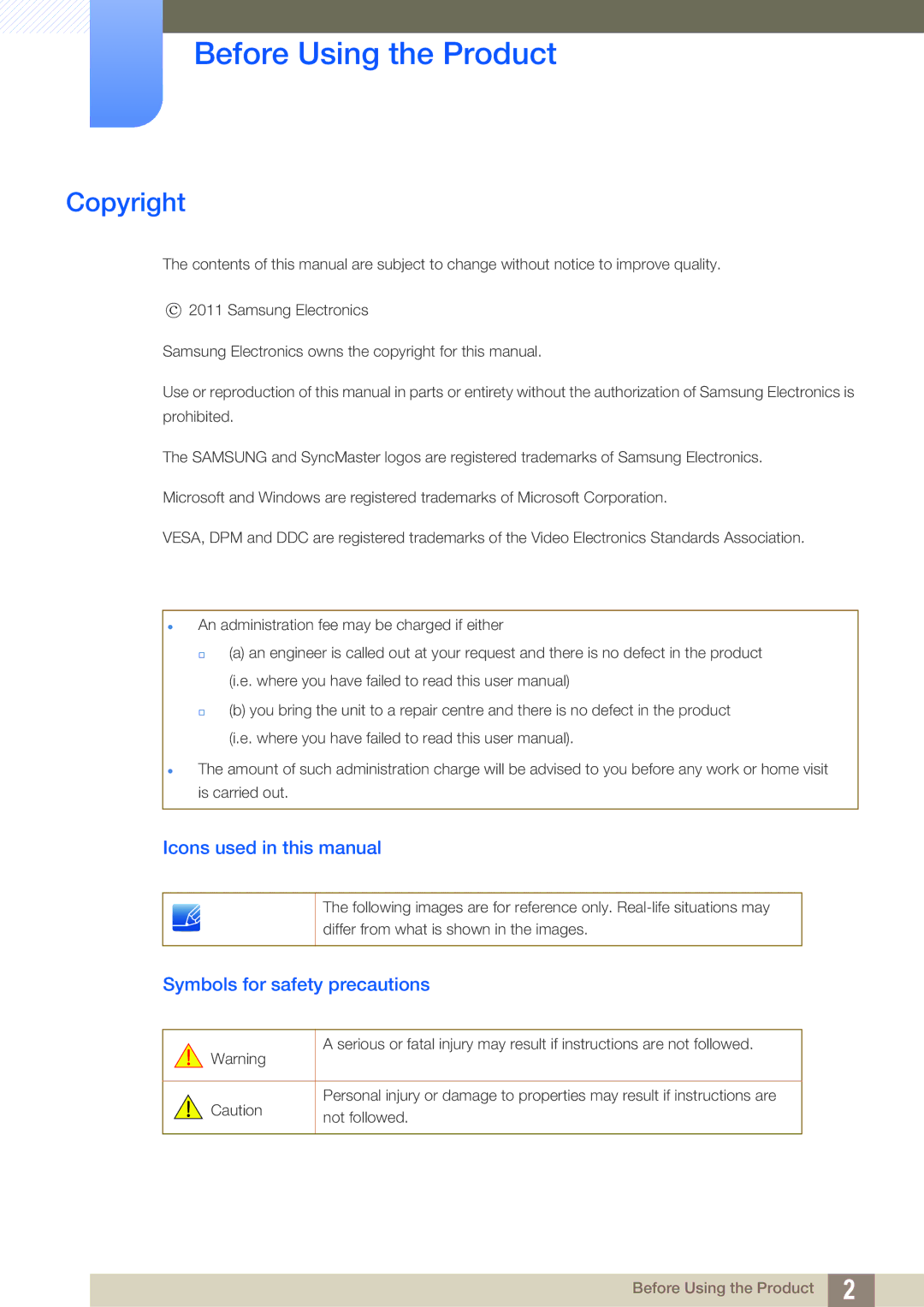 Samsung S27A750D, S23A750D Before Using the Product, Copyright, Icons used in this manual, Symbols for safety precautions 