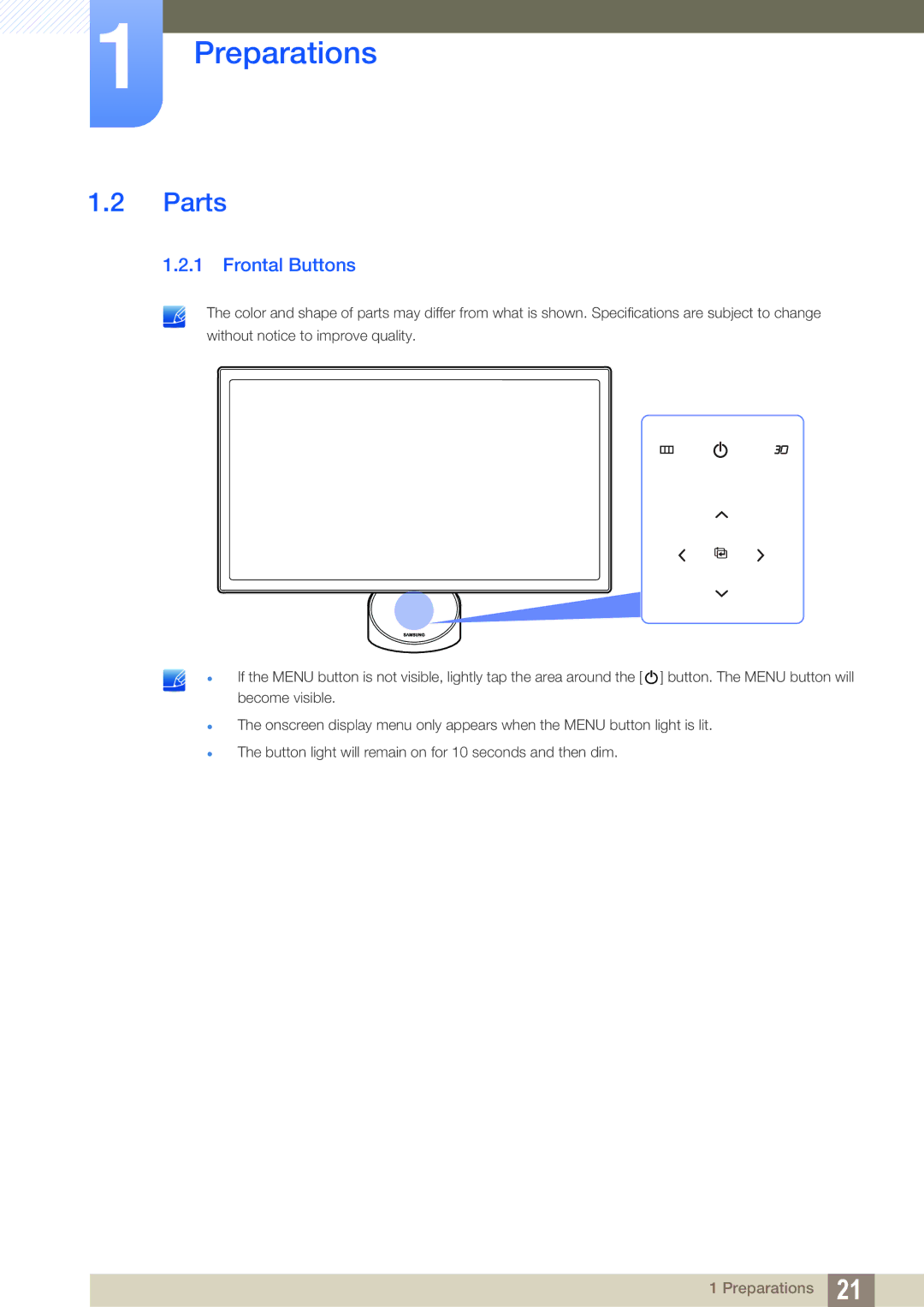 Samsung S23A750D, S27A750D user manual Parts, Frontal Buttons 