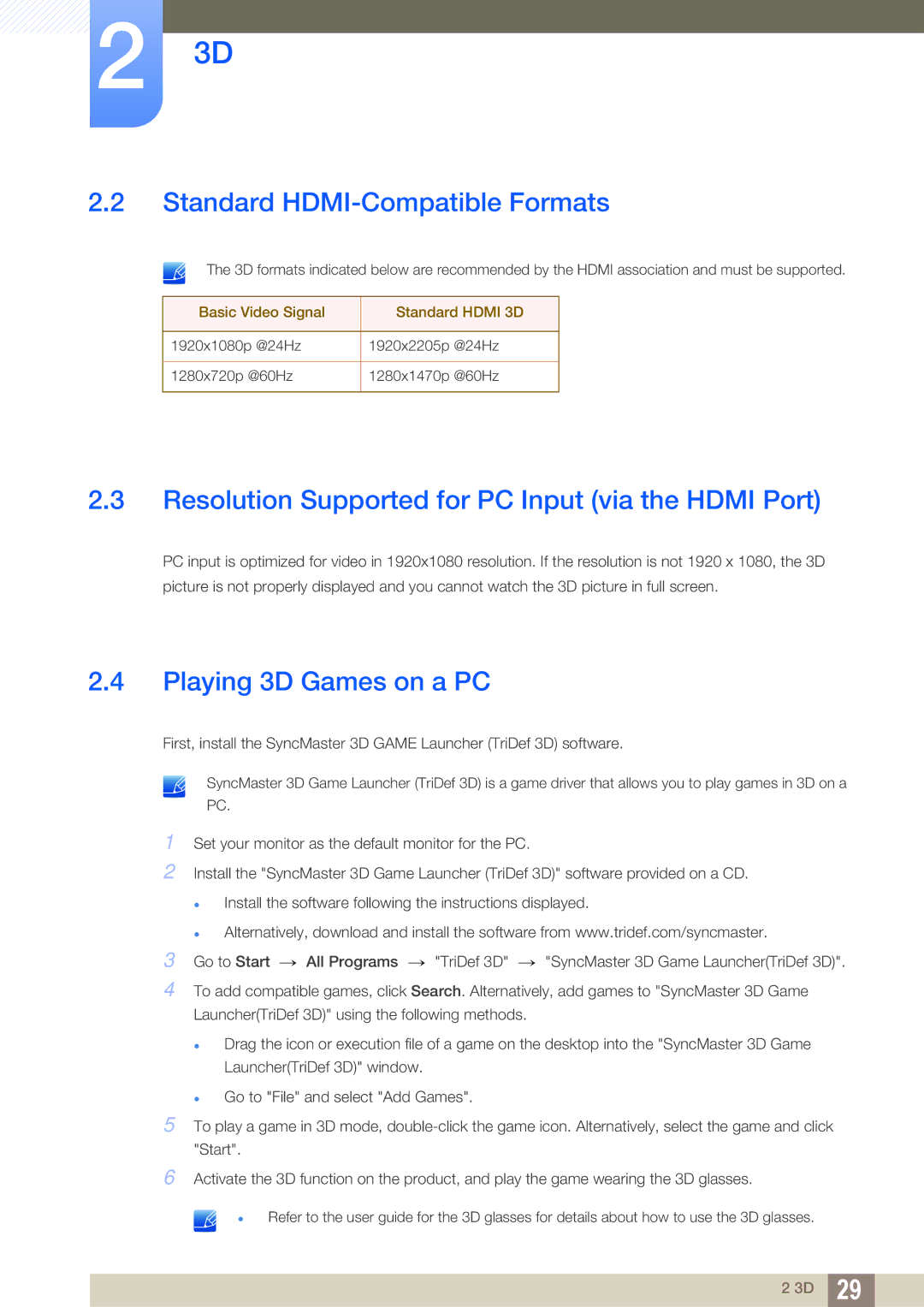 Samsung S23A750D, S27A750D user manual Standard HDMI-Compatible Formats, Resolution Supported for PC Input via the Hdmi Port 