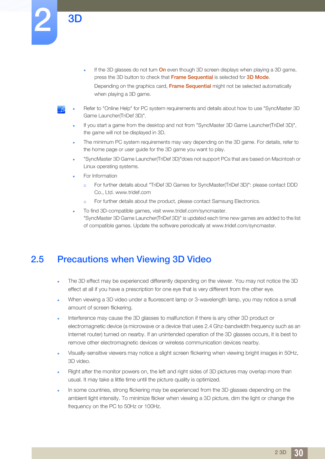 Samsung S27A750D, S23A750D user manual Precautions when Viewing 3D Video 