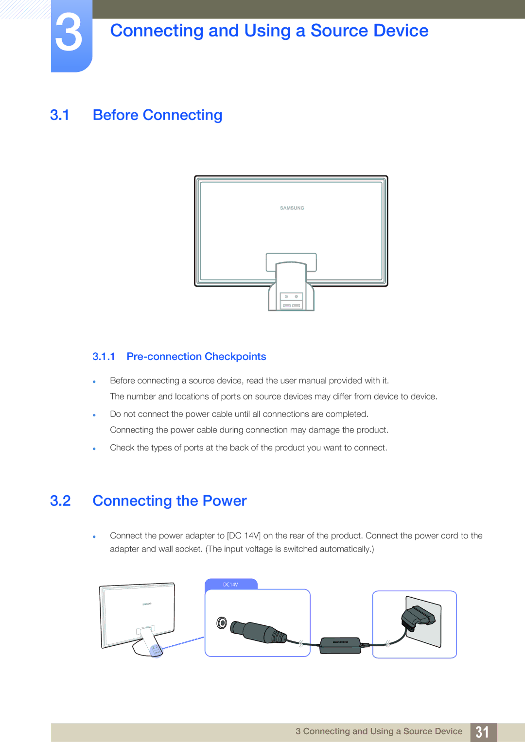 Samsung S23A750D Connecting and Using a Source Device, Before Connecting, Connecting the Power, Pre-connection Checkpoints 