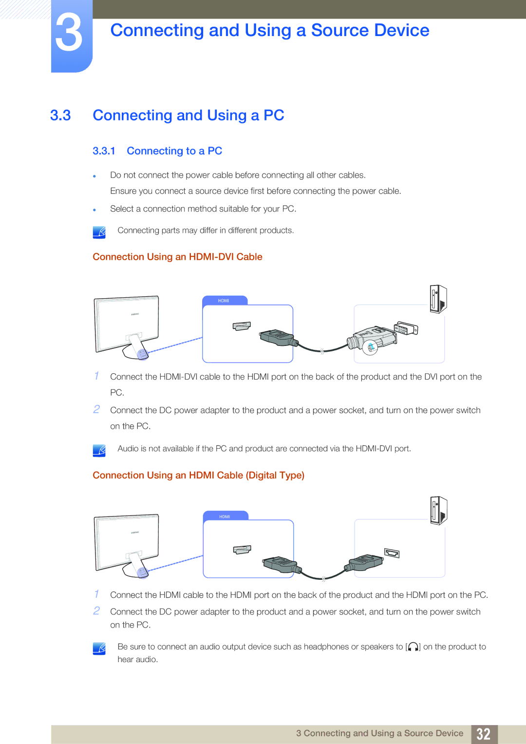 Samsung S27A750D, S23A750D user manual Connecting and Using a PC, Connecting to a PC, Connection Using an HDMI-DVI Cable 