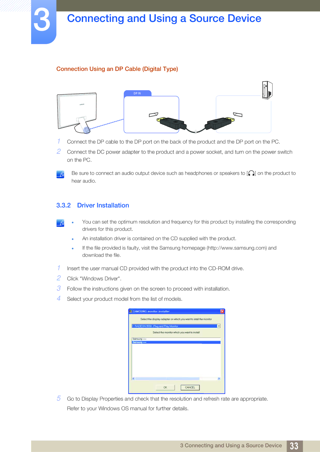 Samsung S23A750D, S27A750D user manual Driver Installation, Connection Using an DP Cable Digital Type 