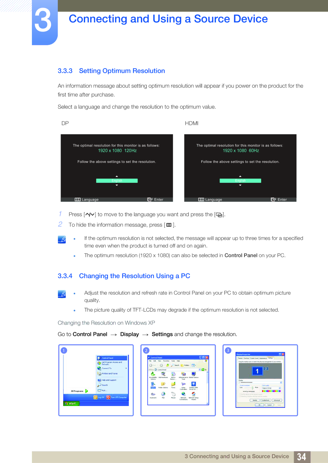 Samsung S27A750D, S23A750D user manual Setting Optimum Resolution, Changing the Resolution Using a PC 